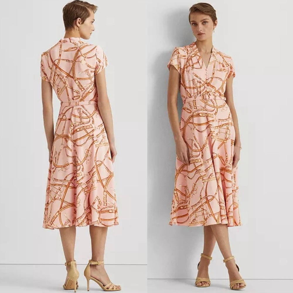 NWOT Lauren Ralph Lauren Print Belted Crepe Midi Dress. Size 6